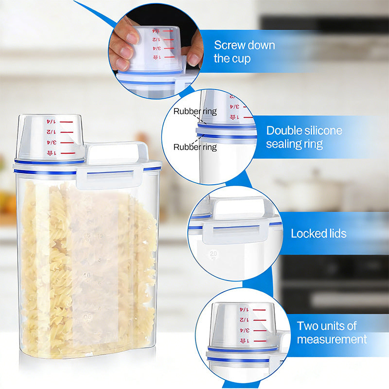 Food Storage Canisters 4 Pack Large Capacity Transparent PP Plastic with Measuring Cups and Scale Markings, Flip Top Lid Airtight Kitchen Pantry Containers for Rice Flour Grains Dog Food Organization