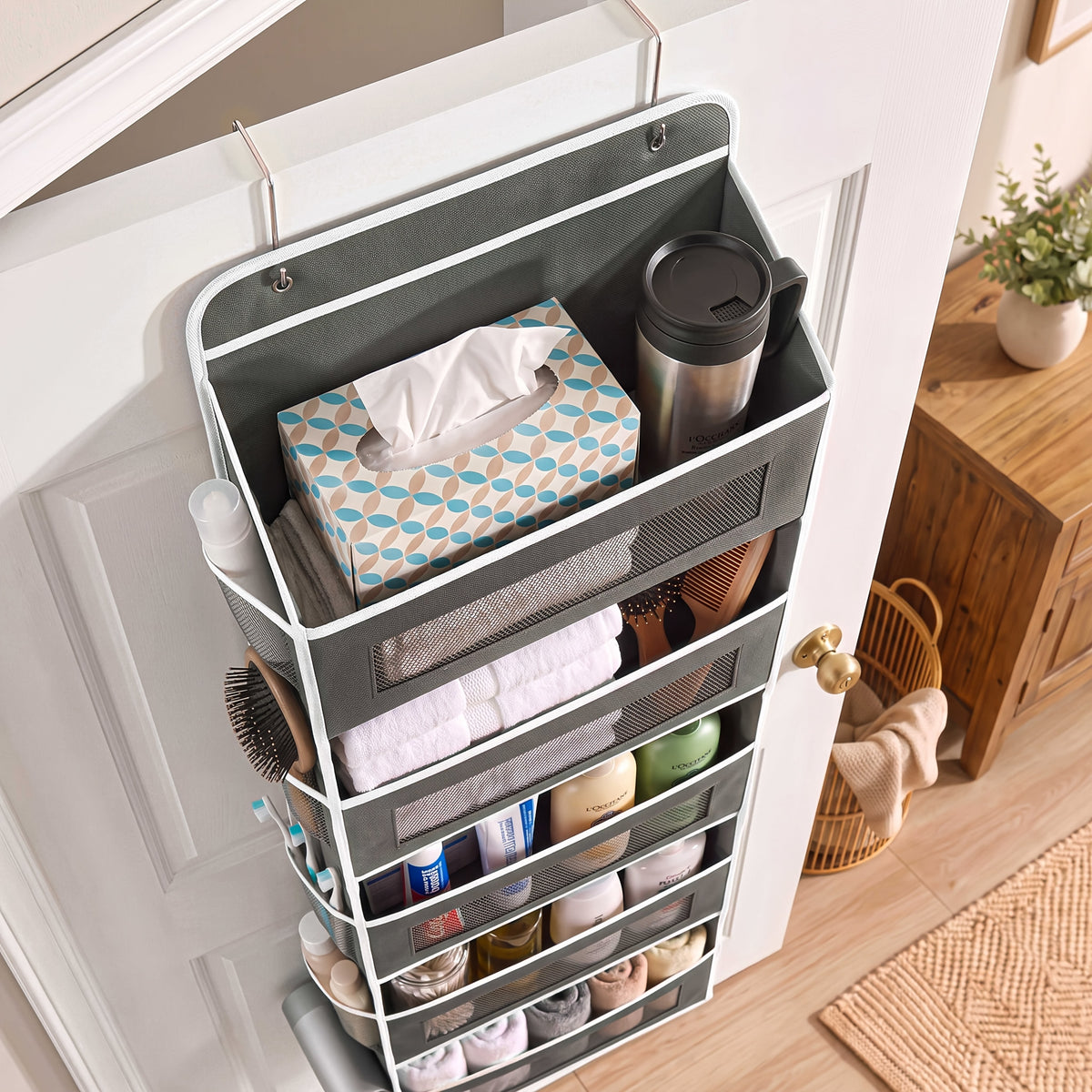 Over the Door Organizer 10-Pocket 5-Tier Hanging Storage 44LB Capacity - No Assembly Breathable Fabric Door Pocket Organizer for Bedroom Bathroom Pantry Kitchen Dorm