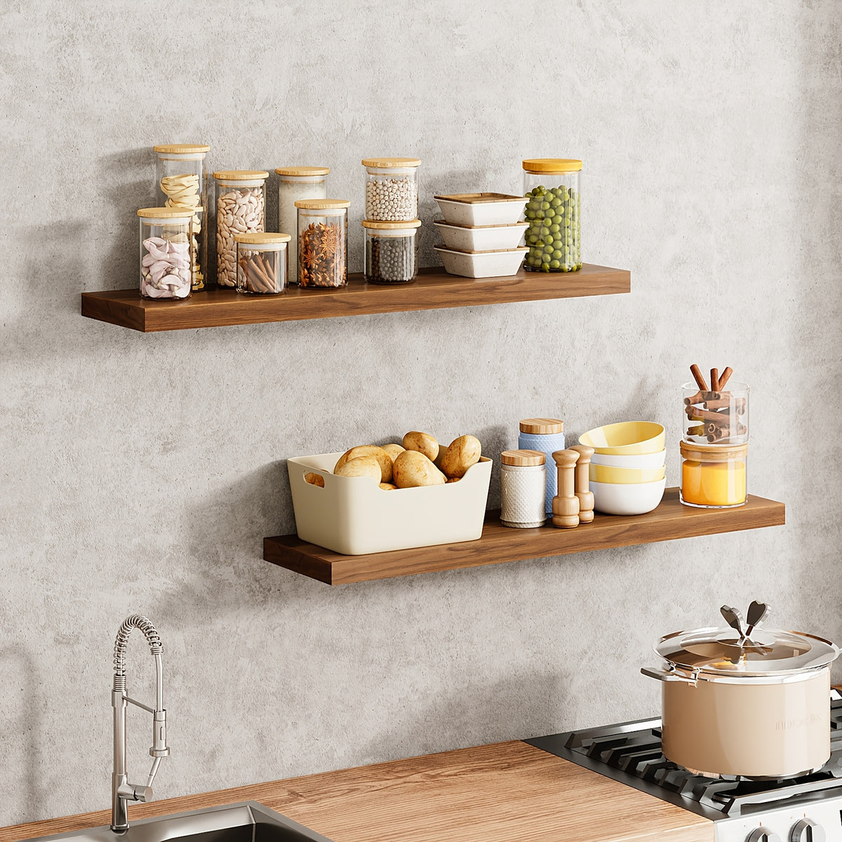 Invisible Bracket Floating Shelves 4 Pack 22 Inch Wall Mounted Wood Shelf for Bathroom Bedroom Living Room Kitchen Decor, Sturdy Wall Shelves Set with Hidden Brackets Walnut Light Brown White Black