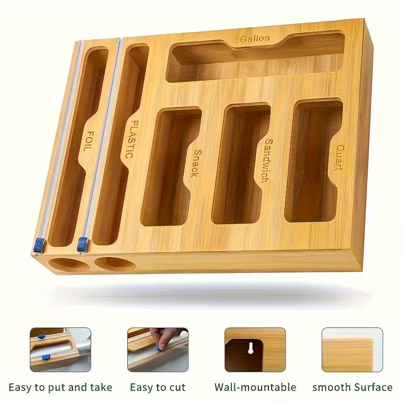 Bamboo Kitchen Drawer Organizer – Zip Bag, Foil & Plastic Wrap Dispenser with Built-In Cutter, Fits Gallon Quart Sandwich Snack Bags, Eco-Friendly Storage