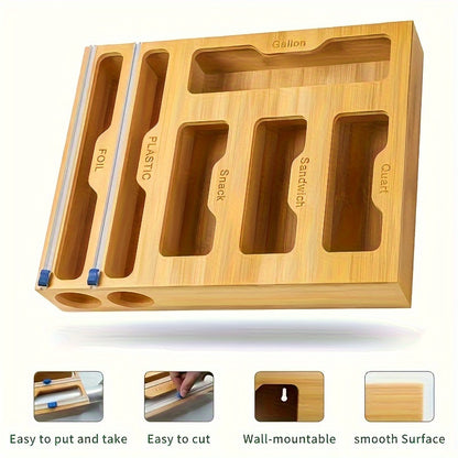Bamboo Kitchen Drawer Organizer – Zip Bag, Foil & Plastic Wrap Dispenser with Built-In Cutter, Fits Gallon Quart Sandwich Snack Bags, Eco-Friendly Storage