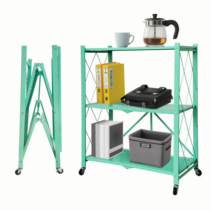 Portable Storage Rack with Lockable Wheels, 3 or 4 Tier Foldable Shelving Unit, Carbon Steel Floor Standing Shelf for Bedroom Bathroom Balcony Garden, No Assembly Required, Space Saving Rolling Organizer