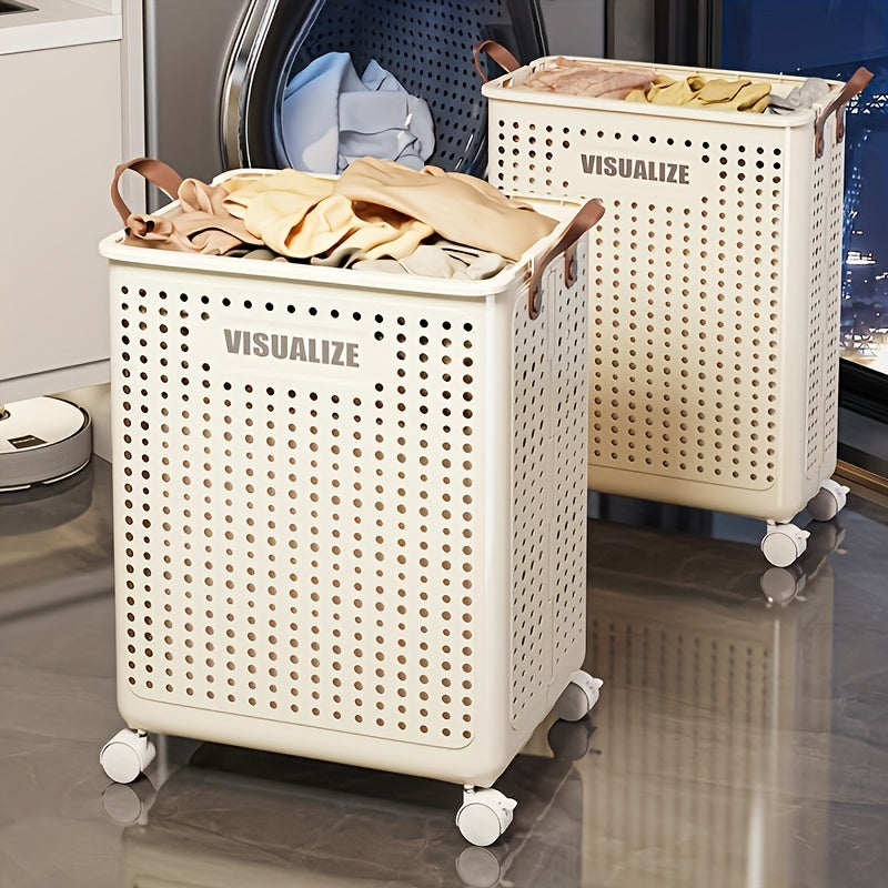 Laundry Basket with Wheels Extra Large Foldable - Breathable Rolling Laundry Hamper with Faux Leather Handles, Collapsible Space-Saving Clothes Storage Bin for Bathroom, Bedroom & Dorm, White Cream