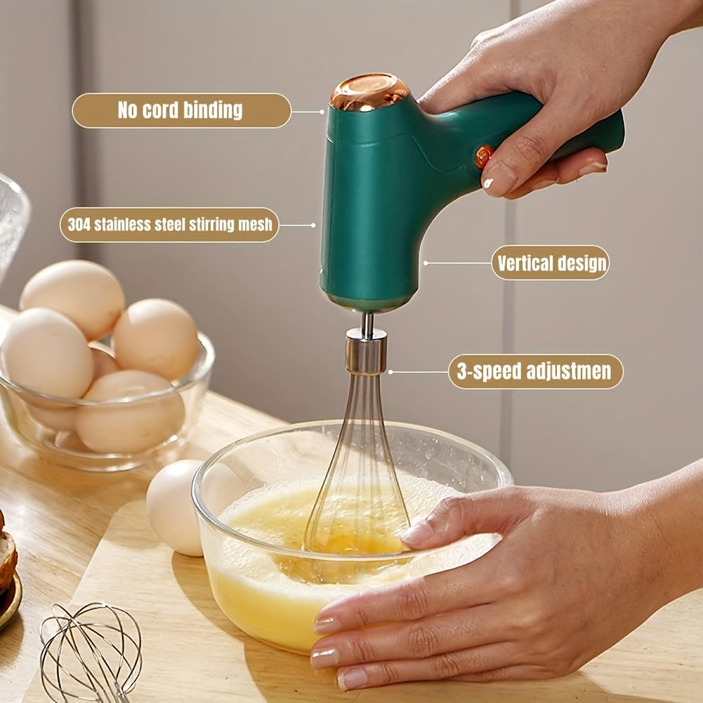 Cordless Electric Hand Mixer USB Rechargeable – 304 Stainless Steel Whisk with 3 Speed Settings & 2 Detachable Beaters for Kitchen Baking, Eggs, Cream & Dough
