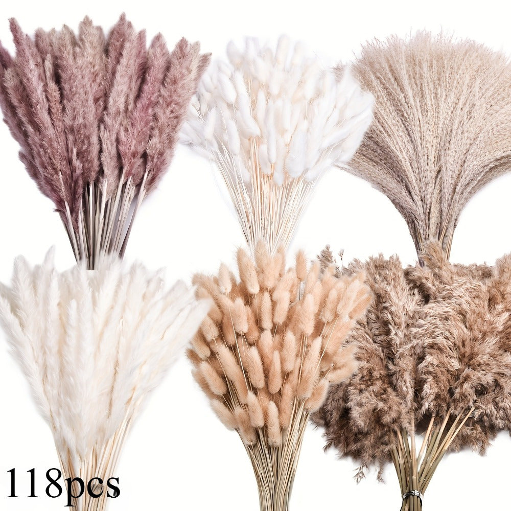 Artificial Pampas Grass & Rabbit Tail Grass Bouquet Set 118pcs – Multicolor Boho Faux Dried Flowers for Home Decor, Weddings, Vase Arrangements & Seasonal Celebrations