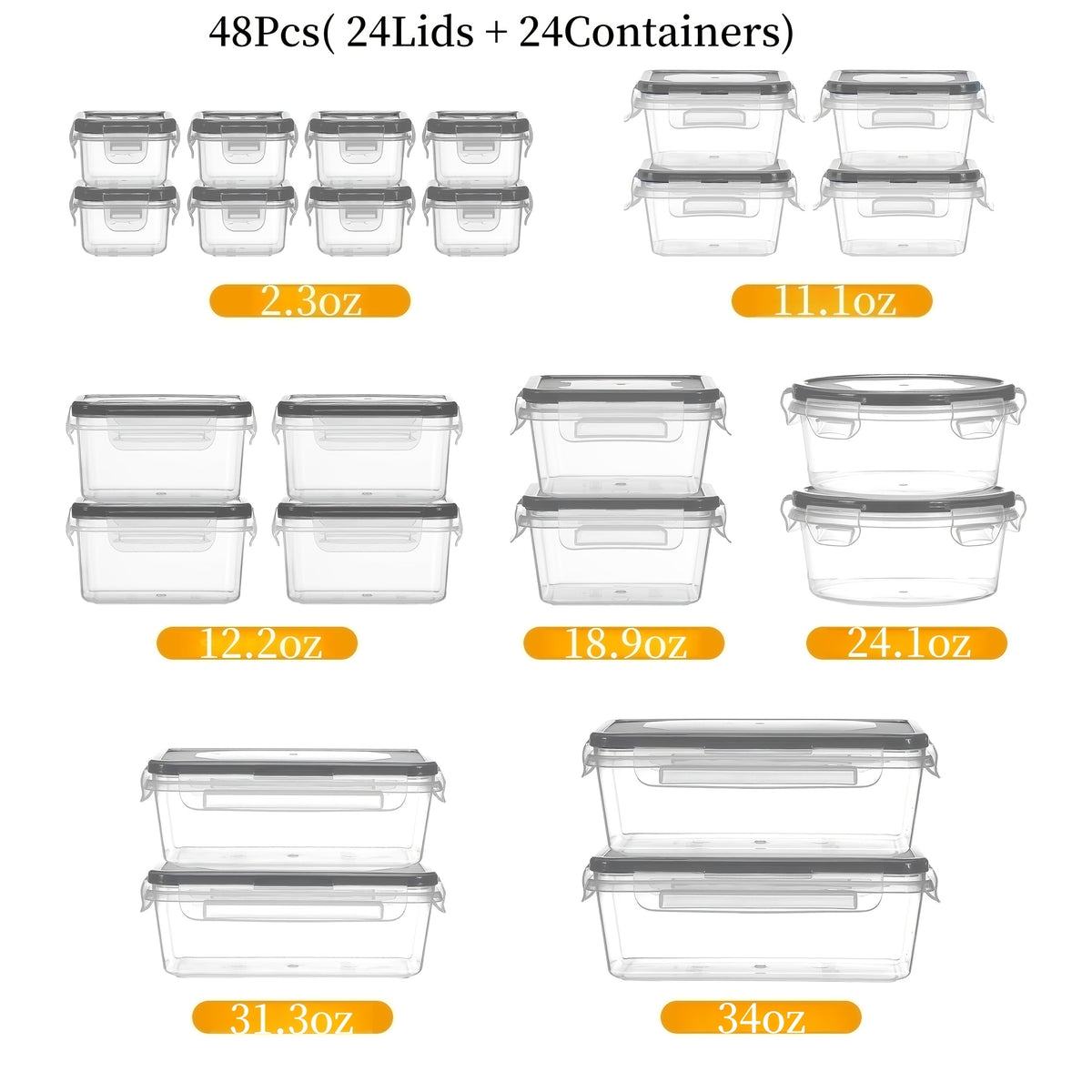 Stackable Plastic Food Storage Containers Set with Lids – 24/40/48 Piece Airtight Leak-Proof Meal Prep Boxes for Pantry, Fridge, Freezer & Kitchen Organization with Labels