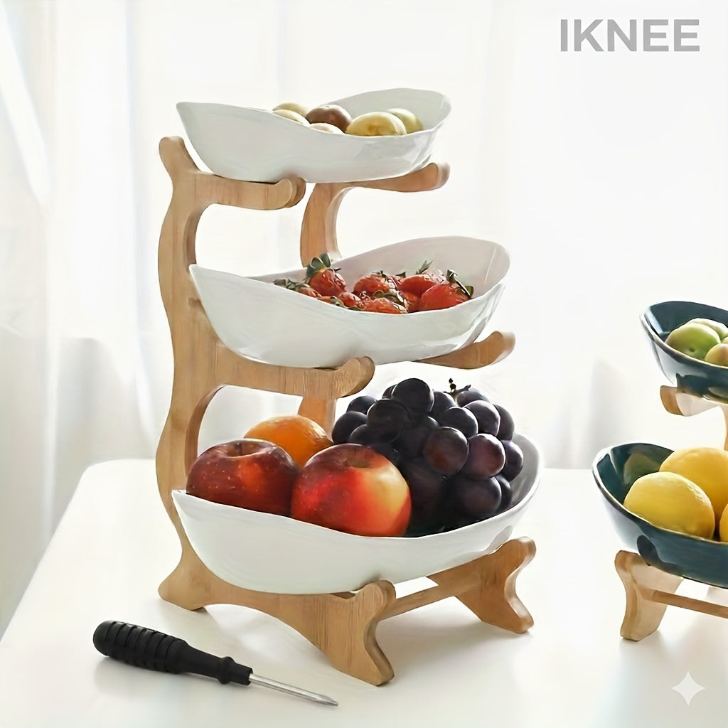 Tiered Wooden Fruit Stand 2 & 3 Layer Countertop Bowl – Natural Wood Farmhouse Fruit Basket, Candy & Snack Display Tray for Kitchen & Living Room, Space-Saving Easy Assembly, White & Green