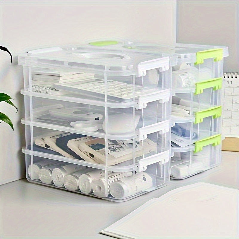 Stackable Transparent Storage Box with Lid & Handle, 4-Layer Compartment Drawer Organizer for Hair Accessories Jewelry Stationery, Clear Plastic Desktop Organizer for Home Office
