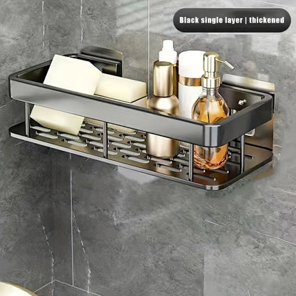 No Drill Wall Mounted Shower Caddy with Adhesive – Space Saving Bathroom Shelf Organizer for Shampoo Lotion Cosmetics, Damage Free Tile Rack in Black or Silver, 1pc or 3pcs Set for Shower Kitchen Bathroom
