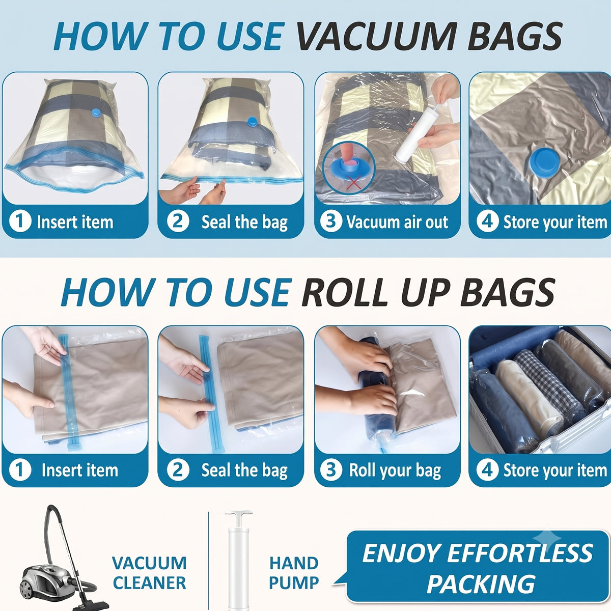 Vacuum Storage Bags for Clothes – Jumbo Space Saver Bags for Comforters Blankets Pillows Bedding, Extra Thick Travel Compression Bags with Hand Pump, 4 8 10 12 20 30 Pack