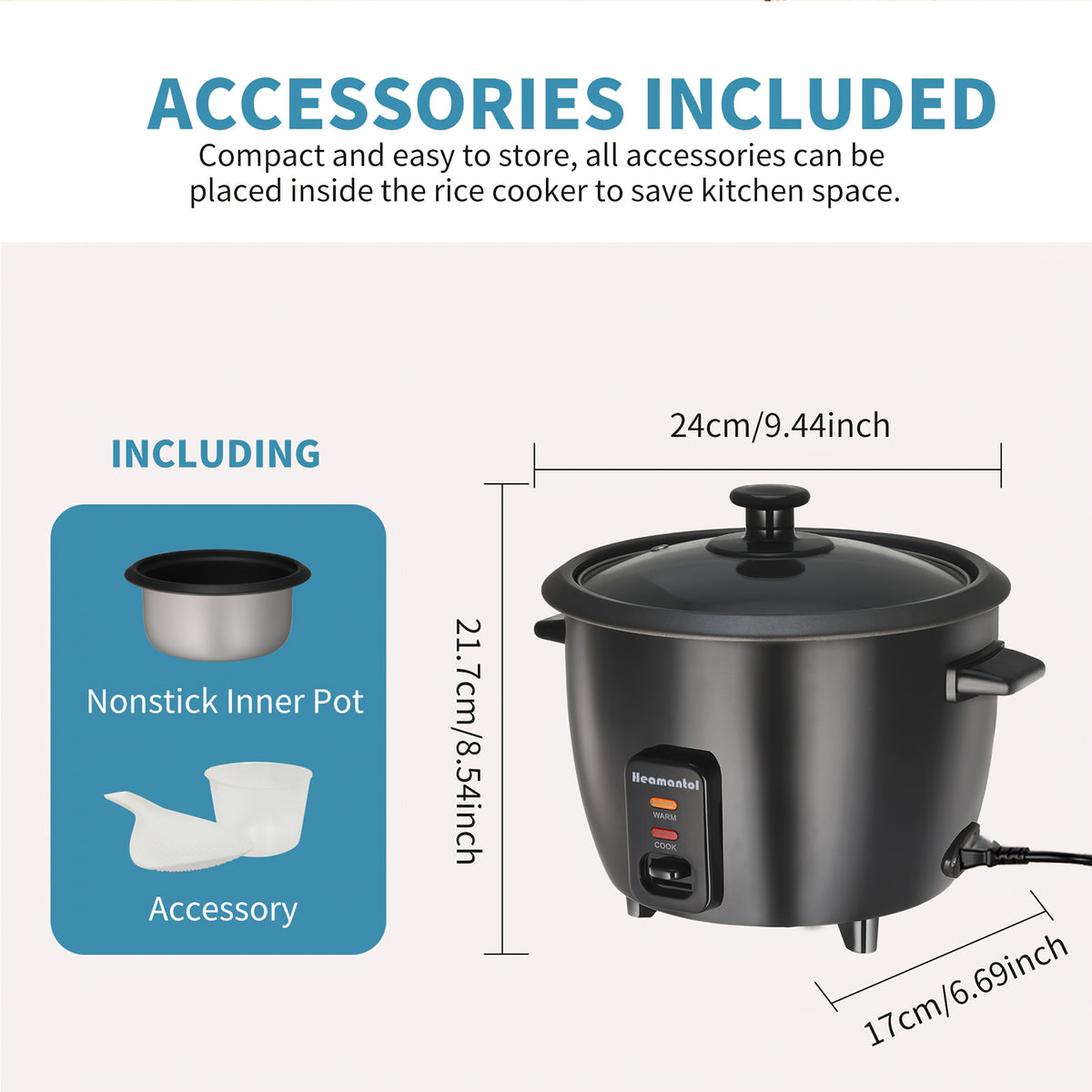 Rice Cooker 6-Cup Non-Stick Multicooker with Auto Keep Warm, One-Touch Operation Electric Grain Cooker with Removable Pot, Steamer Yogurt Maker Oatmeal Cooker, Stainless Steel Inner Liner, 1.5Qt Compact, Black