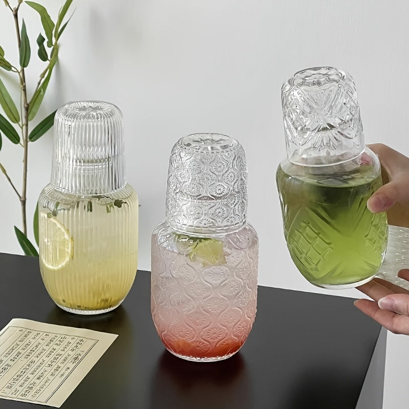 Glass Carafe Bedside Water Set with Cup - Modern Transparent Quartz Glass Kettle & Mouthwash Decanter for Bedroom Nightstand, Night Drink Pitcher, Valentine's Day Home Gift, Ice Pattern & Sunflower