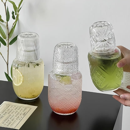 Glass Carafe Bedside Water Set with Cup - Modern Transparent Quartz Glass Kettle & Mouthwash Decanter for Bedroom Nightstand, Night Drink Pitcher, Valentine's Day Home Gift, Ice Pattern & Sunflower