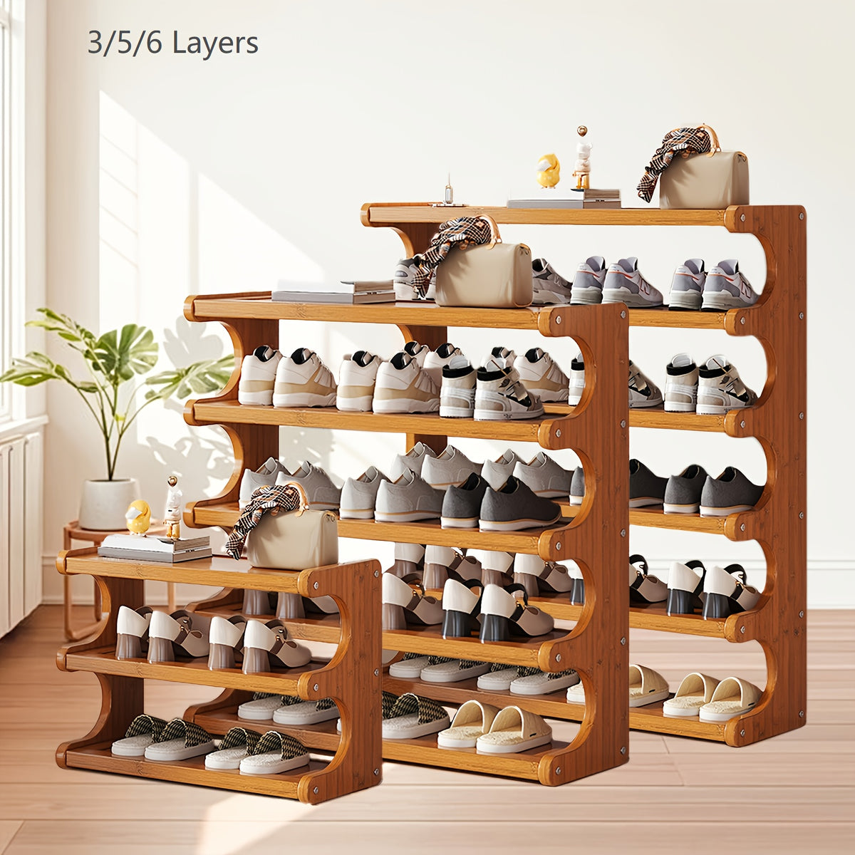 Bamboo Shoe Rack Freestanding 3 5 6 Tier Wood Grain Finish Space Saving Shoe Shelf Entryway Bedroom Closet Dorm Easy Assembly Shoe Storage Organizer Brown