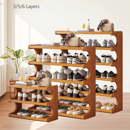 Bamboo Shoe Rack Freestanding 3 5 6 Tier Wood Grain Finish Space Saving Shoe Shelf Entryway Bedroom Closet Dorm Easy Assembly Shoe Storage Organizer Brown