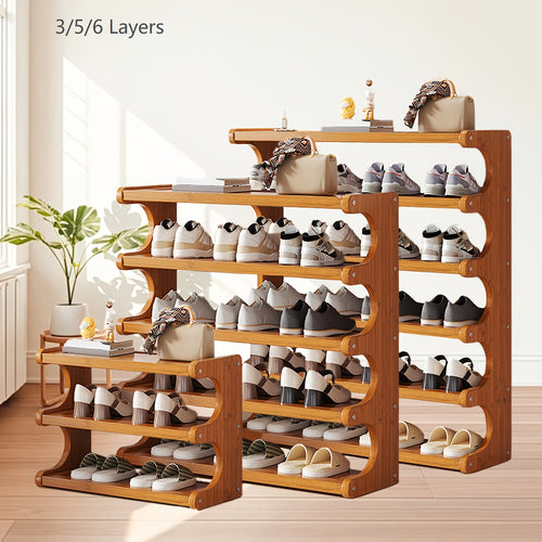 Bamboo Shoe Rack Freestanding 3 5 6 Tier Wood Grain Finish Space Saving Shoe Shelf Entryway Bedroom Closet Dorm Easy Assembly Shoe Storage Organizer Brown