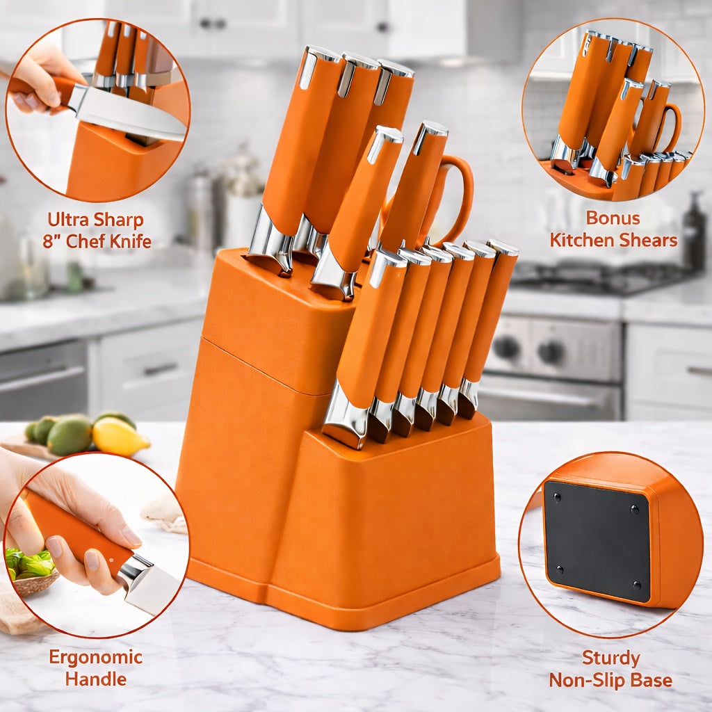 13-Piece Kitchen Knife Set with Block Holder - Chef Knife, Bread Knife, 6 Steak Knives & Scissors - Sharp Stainless Steel Blades, Durable Ergonomic Handle, Perfect Housewarming Gift for Home Kitchen