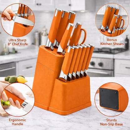 13-Piece Kitchen Knife Set with Block Holder - Chef Knife, Bread Knife, 6 Steak Knives & Scissors - Sharp Stainless Steel Blades, Durable Ergonomic Handle, Perfect Housewarming Gift for Home Kitchen