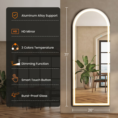 Full Length Mirror Floor Standing with LED Lights – Arched & Rectangle Aluminum Frame Dressing Mirror for Bedroom & Living Room, Black Gold White, 16x59 / 21x64 / 26x71 Inch