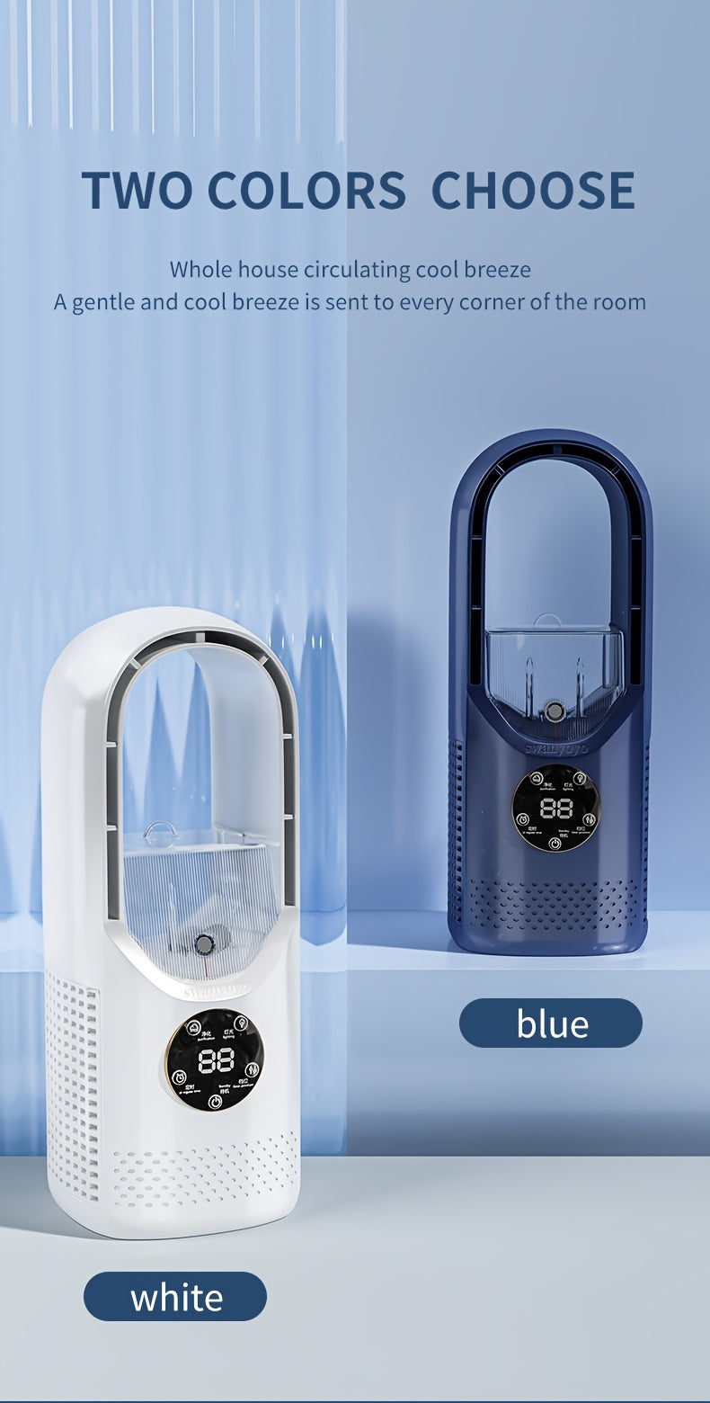 Desktop Bladeless Fan USB Powered – Water Mist Cooling Tower Fan with Remote Control, Touch Screen, 7-Color LED Light, Timer & Auto Shutdown, Portable for Office Home Travel Camping, Blue or White