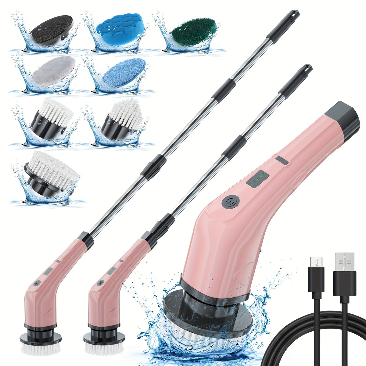 Electric Cleaning Brush with Telescopic Long Handle – 7-in-1 Multifunctional Spin Scrubber for Bathroom Tile Floor Kitchen Tub & Grout Cordless Power Scrubber Household Cleaning Tool