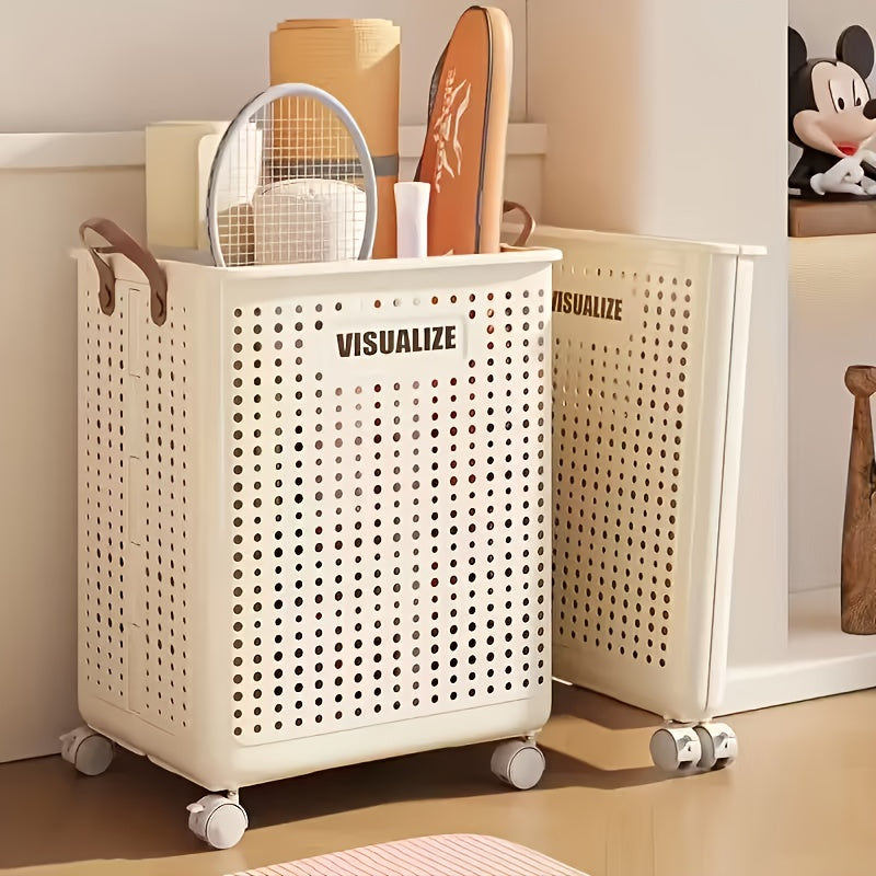 Foldable Laundry Basket with Wheels Large Capacity – Plastic Collapsible Wheeled Hamper for Bathroom, Balcony & Small Apartment, Portable Rolling Laundry Bin in Cream & White