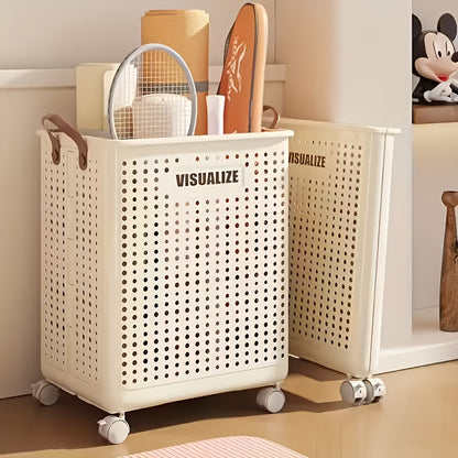 Foldable Laundry Basket with Wheels Large Capacity – Plastic Collapsible Wheeled Hamper for Bathroom, Balcony & Small Apartment, Portable Rolling Laundry Bin in Cream & White