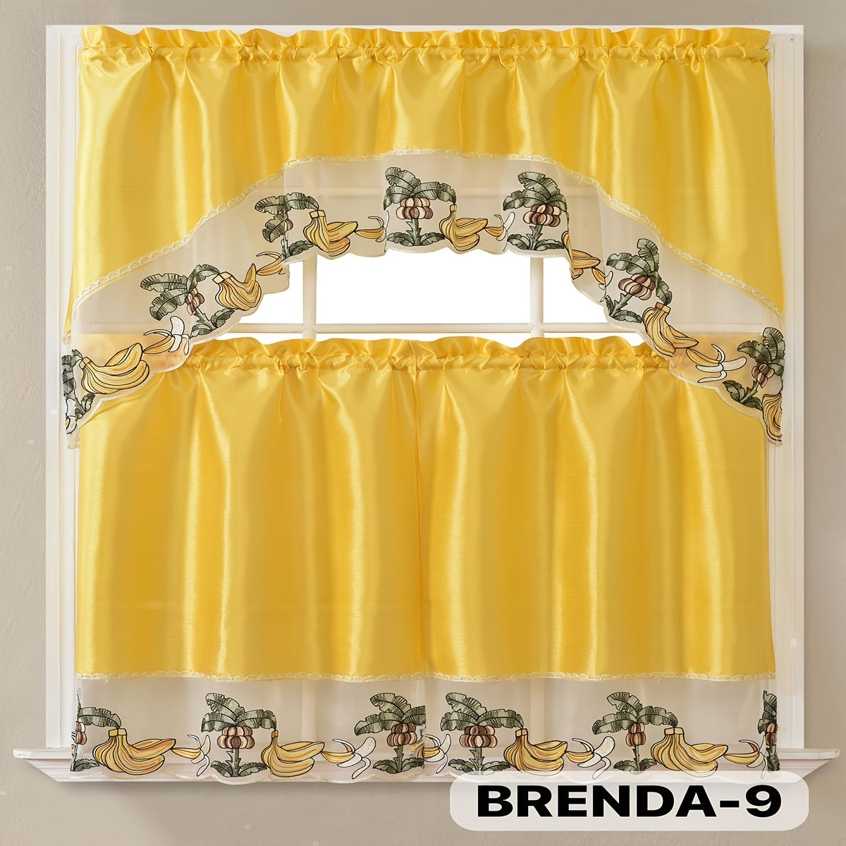 Kitchen Curtains Set 3 Piece with Embroidery – Satin Fabric Valance and Tier Curtains for Kitchen Windows, 49 Colors, Light Filtering, Rod Pocket, Machine Washable