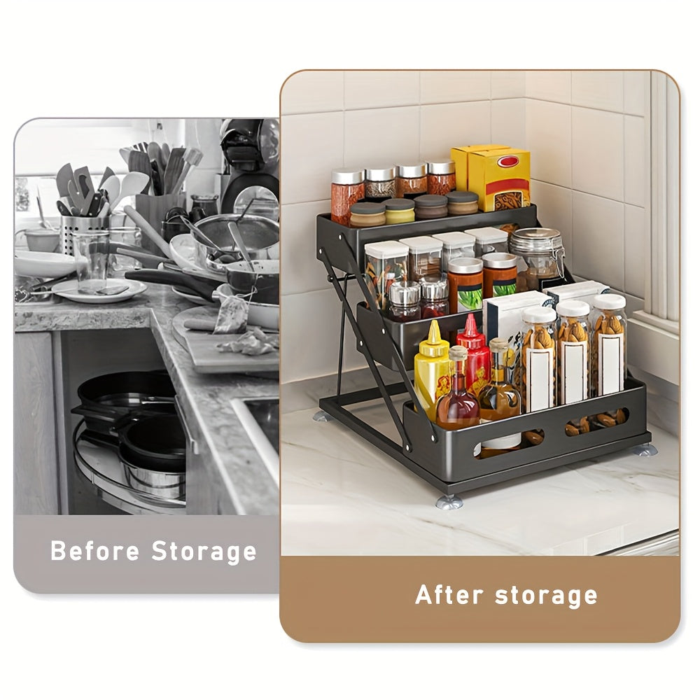 Spice Rack Organizer 3 Tier - Foldable Metal Countertop Spice Shelf with Safety Rails, Space-Saving Kitchen Cabinet Storage for Pantry, Sturdy Painted Finish, Black & White Available