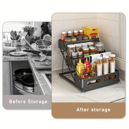 Spice Rack Organizer 3 Tier - Foldable Metal Countertop Spice Shelf with Safety Rails, Space-Saving Kitchen Cabinet Storage for Pantry, Sturdy Painted Finish, Black & White Available