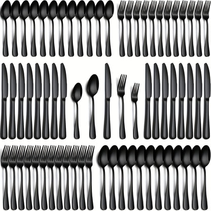 Stainless Steel Flatware Set 24/60 Piece for 4/12 People, Silverware Set with Gift Box Includes Steak Knives Salad Forks Dessert Spoons, Dishwasher Safe Cutlery Set for Home Wedding Camping Christmas, Silver Black