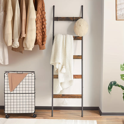 Blanket Ladder 5 Tier Farmhouse Style with 10 Removable Hooks Decorative Wooden Standing Rack for Living Room & Bathroom – Wall Mounted or Freestanding Quilt Towel Throw Storage Holder
