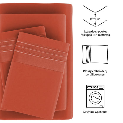 Soft Microfiber Bed Sheet Set 4-Piece 1800 Series 16 Inch Deep Pocket Hotel Luxury Cooling Sheets with Embroidered Pillowcases, Fade & Shrink Resistant, Twin to Cal King, 20 Colors