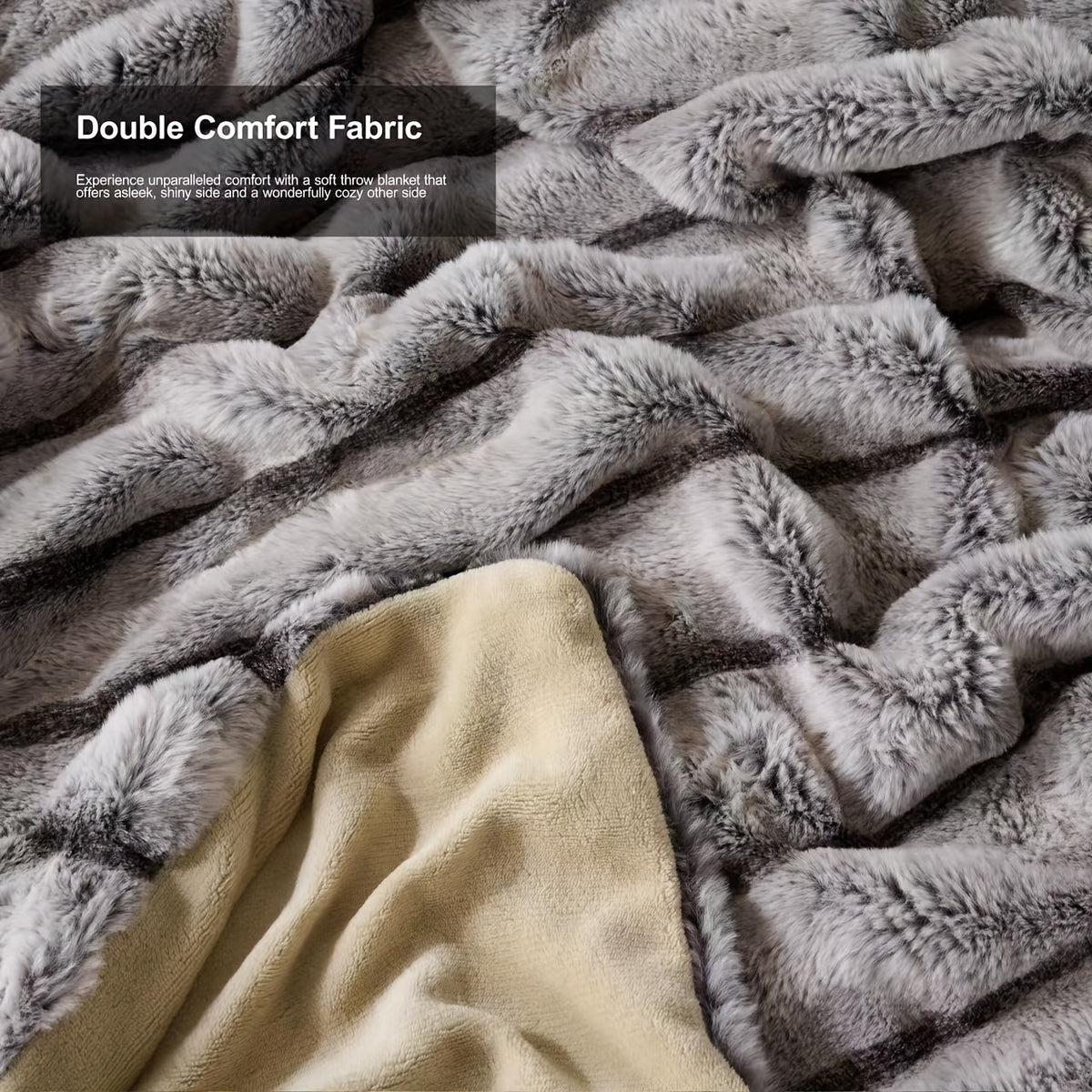 Faux Rabbit Fleece Blanket, Double Layer Thickened Soft Warm Throw – All Season Reversible Blanket for Adults, Couch, Bed & Travel, Machine Washable, Throw / Twin XL / Queen / King, Grey Khaki Beige