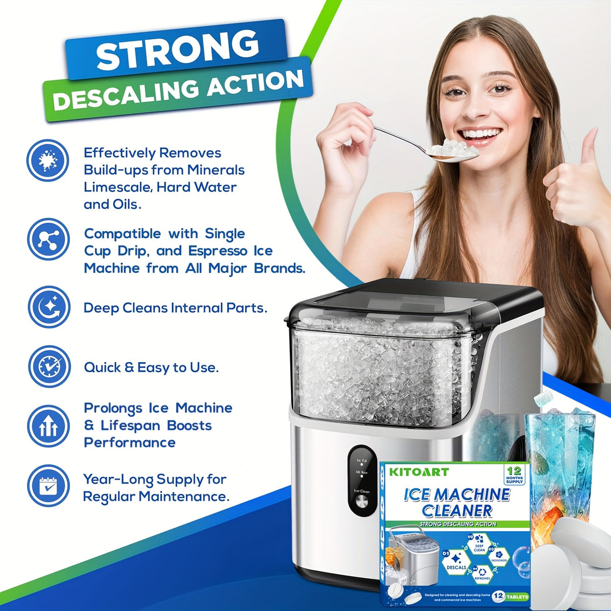 Ice Maker Cleaning Tablets 12/24/36 Pack – Deep Cleaning Descaler & Deodorizer, Food-Grade Citric Acid, Nickel-Safe, No Residue, Compatible with All Countertop & Portable Ice Machines