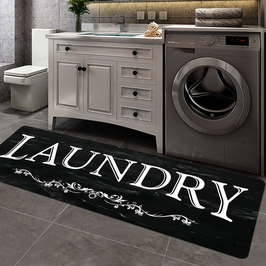 Laundry Room Rug Black & White LAUNDRY Text Non-Slip Machine Washable Floor Mat, Soft Polyester Runner with Bold Lettering for Laundry Room Bathroom Kitchen Hallway, Modern Home Decor Mat 2 Sizes