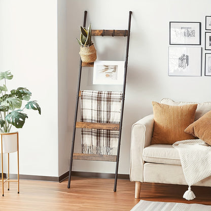 Blanket Ladder 5 Tier Farmhouse Style with 10 Removable Hooks Decorative Wooden Standing Rack for Living Room & Bathroom – Wall Mounted or Freestanding Quilt Towel Throw Storage Holder