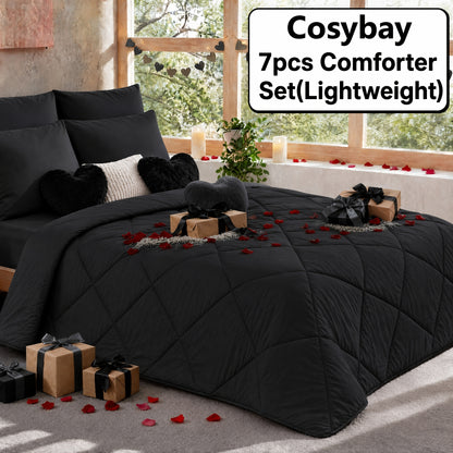 Pinch Pleated Comforter Set Queen King Full – 7 Piece Bed in a Bag with Sheets Pillowcases Pillow Shams, Hypoallergenic Down Alternative Microfiber Bedding 33 Colors All Season