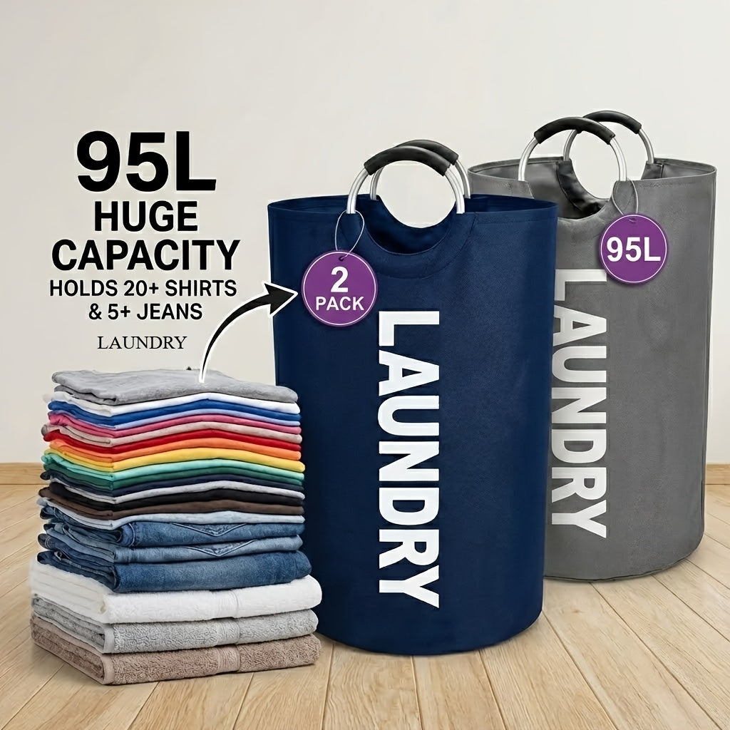 Extra Large Foldable Laundry Basket Set 95L/25 Gal – 2-Pack Thickened Waterproof Oxford Cloth Tall Storage Baskets for Bedroom, Bathroom, Dorm & Closet Organization, Multiple Colors