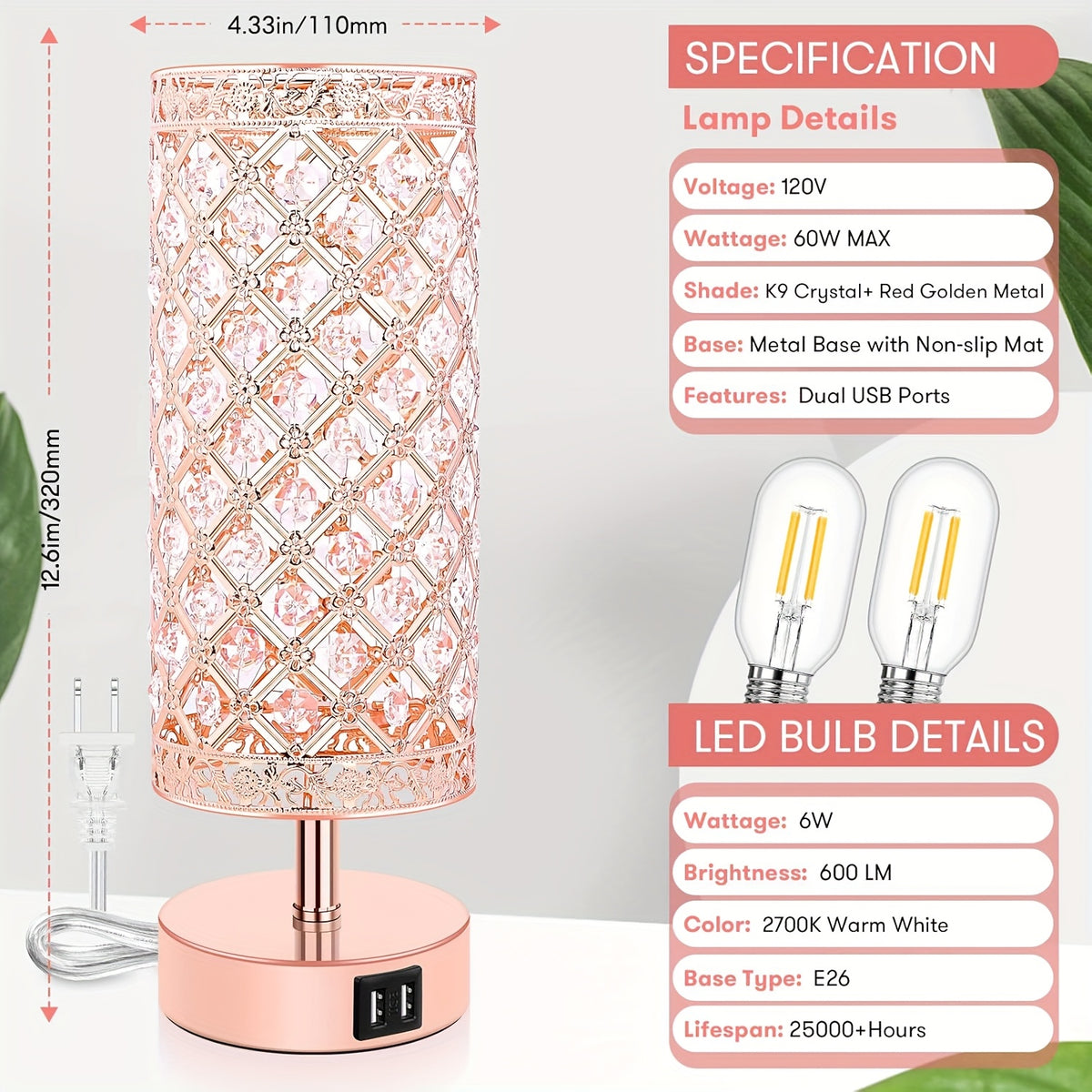 Crystal Table Lamp with Touch Control & 2 USB Ports – 3-Way Dimmable Bedside Nightstand Light for Bedroom, Living Room & Office, LED Bulb Included