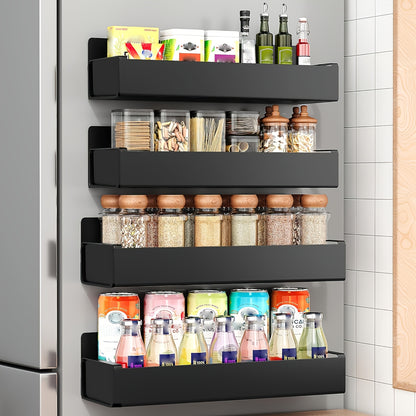 Magnetic Fridge Organizer Shelf Set - Movable Metal Refrigerator Storage Rack, Multi-Purpose Magnetic Spice Shelf for Kitchen & Bathroom, Space-Saving Side Wall Organizer, Black White 2pcs 4pcs