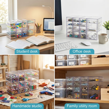 Clear Acrylic Drawer Organizer 8 or 16 Drawers – Modular Desktop Storage for Makeup, Jewelry, Office Supplies & Art Crafts – Stackable Desk Organizer for Vanity Bedroom Home Office