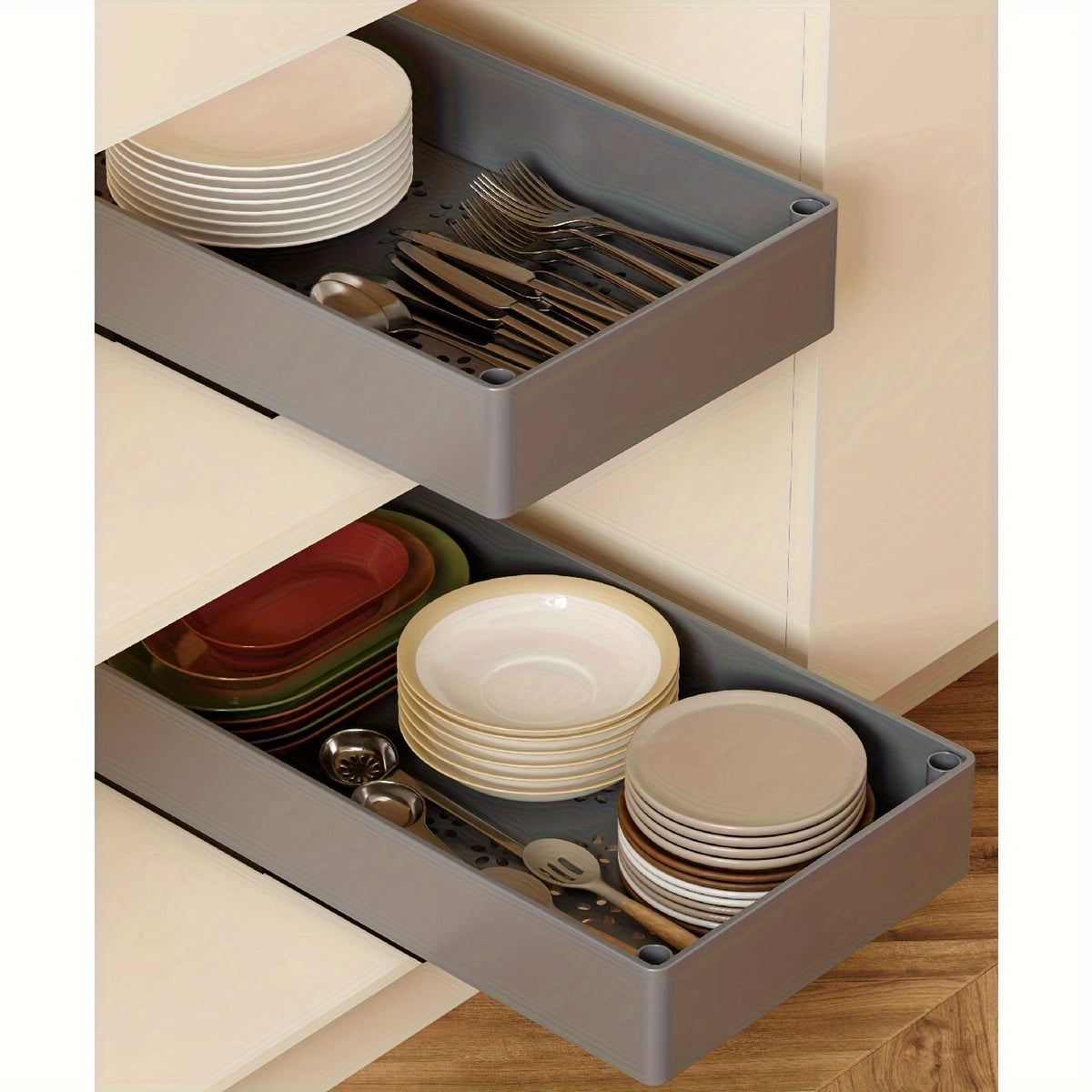 Slide-Out Cabinet Organizer 2 Pack, No-Drill Pull Out Shelf for Kitchen Pantry Bathroom, Retractable Under Sink Storage Rack, Removable Sliding Bin Drawer Organizer for Cabinets