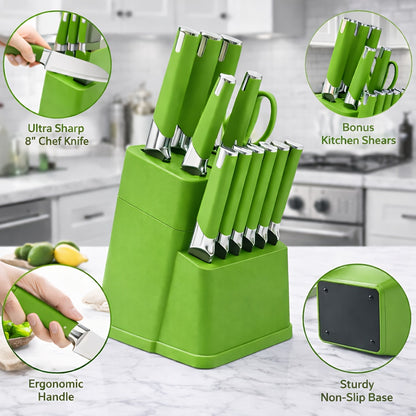 13-Piece Kitchen Knife Set with Block Holder - Chef Knife, Bread Knife, 6 Steak Knives & Scissors - Sharp Stainless Steel Blades, Durable Ergonomic Handle, Perfect Housewarming Gift for Home Kitchen