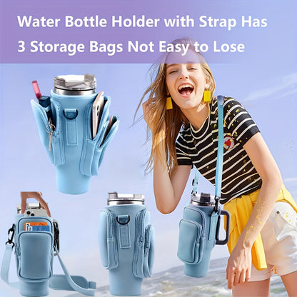 Water Bottle Carrier Bag with Phone Pocket – Adjustable Pouch Holder for 40oz Stanley Tumbler & Stainless Steel Mugs, Hands-Free Crossbody Bottle Sling for Men & Women, Perfect Gift Accessory