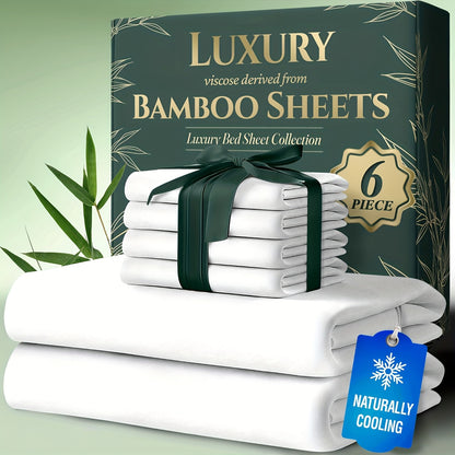 Bamboo Cooling Bed Sheets 6 Piece Set - 17 Inch Deep Pocket Fitted Sheet for Hot Sleepers, Cloud-Soft Luxury Flat Sheet & Pillowcases, Twin Full Queen King, Breathable Hypoallergenic Bedroom Bedding