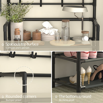 Shoe Rack Organizer with 8 Hooks Multi-Layer - Free Standing Shoe Storage Shelf for Entryway, Closet & Bedroom, Space-Saving Vertical Shoe Tower with Hat & Coat Hooks, 3 or 5 Tier Black