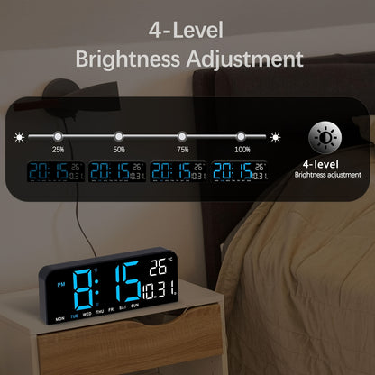 Large Screen LED Alarm Clock with Temperature Humidity Display – 15 Inch Luminous Digital Clock, Week Timer Remote Control, Auto-Dimming, for Bedroom Living Room Office Seniors