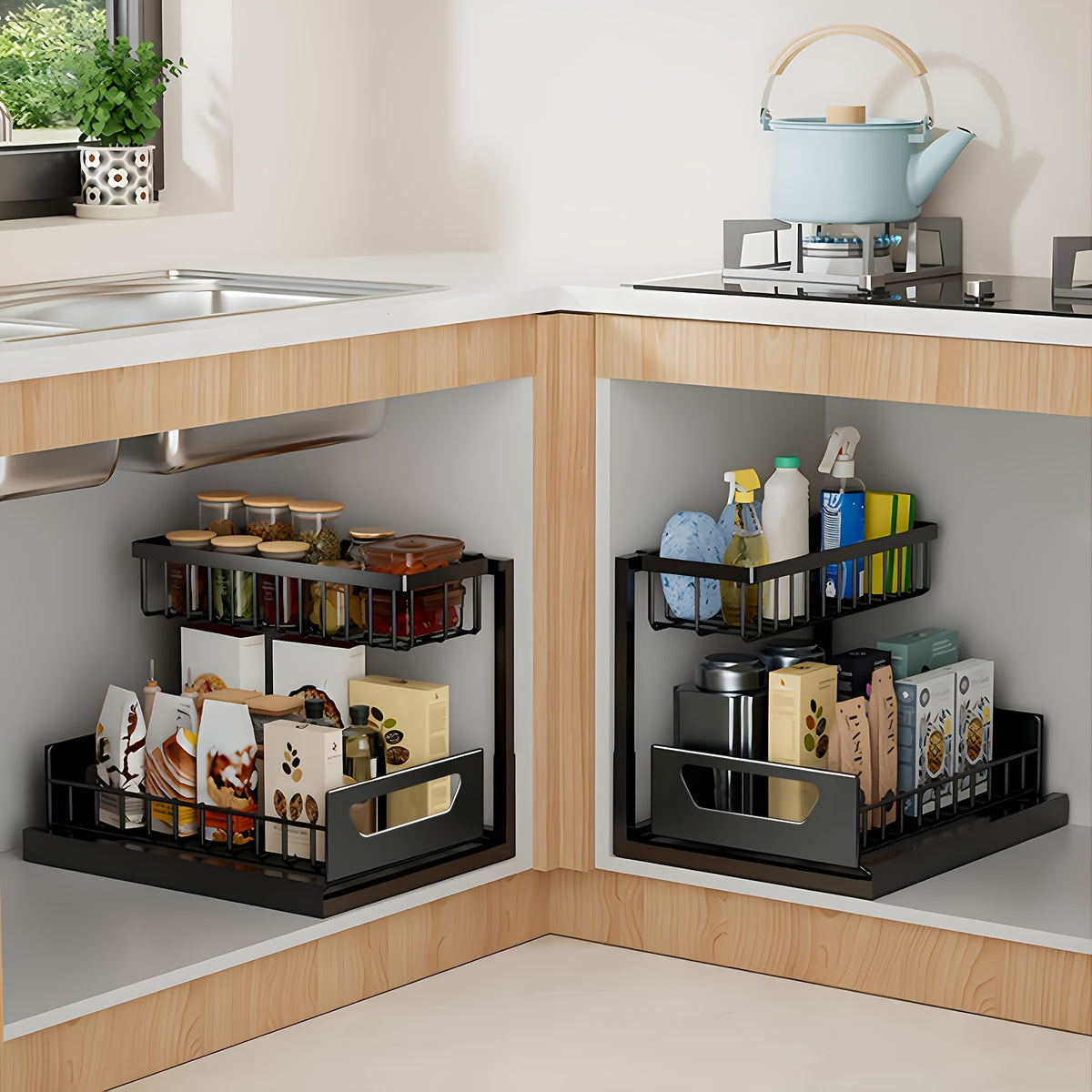 Under Sink Organizer 2-Tier Pull-Out Cabinet Storage with Metal Sliding Drawers – Kitchen Bathroom Countertop Tabletop Organizer Rack, Space-Saving Push-Pull Shelf for Kitchen Accessories, 1 or 2 Pack