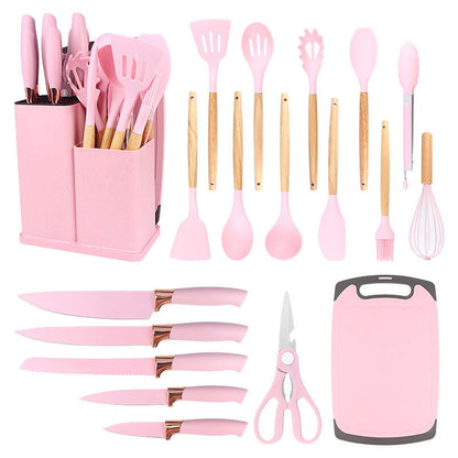 Silicone Cookware Set 19pcs Non-Stick with Bamboo Storage Containers & Knives – Heat-Resistant Pots Pans Utensils, Wooden Handle, Induction & Oven Safe, Kitchen Cooking Gift